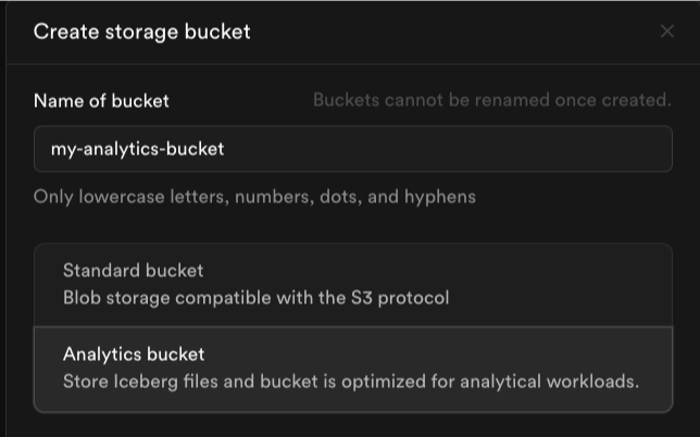 Create Analytics Bucket in Dashboard